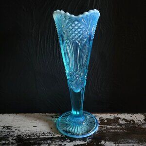 Vintage Mosser Aqua Opalescent Glass Diamond Pattern Vase, Vtg Blue Glass Vase